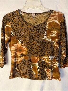 Susan Lawrence Mustard Mixed Floral & Leopard Print Long Sleeve Top